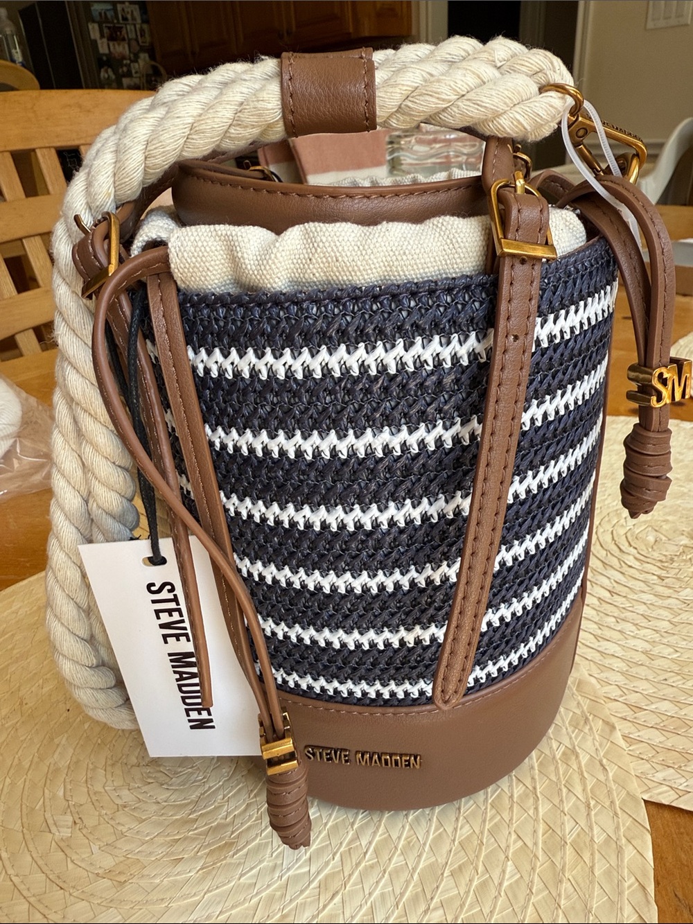 Steve Madden Navy & White Striped Bucket Bag with Brown Trim